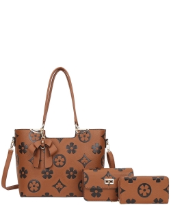 3n1 Floral Print Design Shoulder Tote Bag with Crossbody and Wallet Set YB-8093-S BROWN